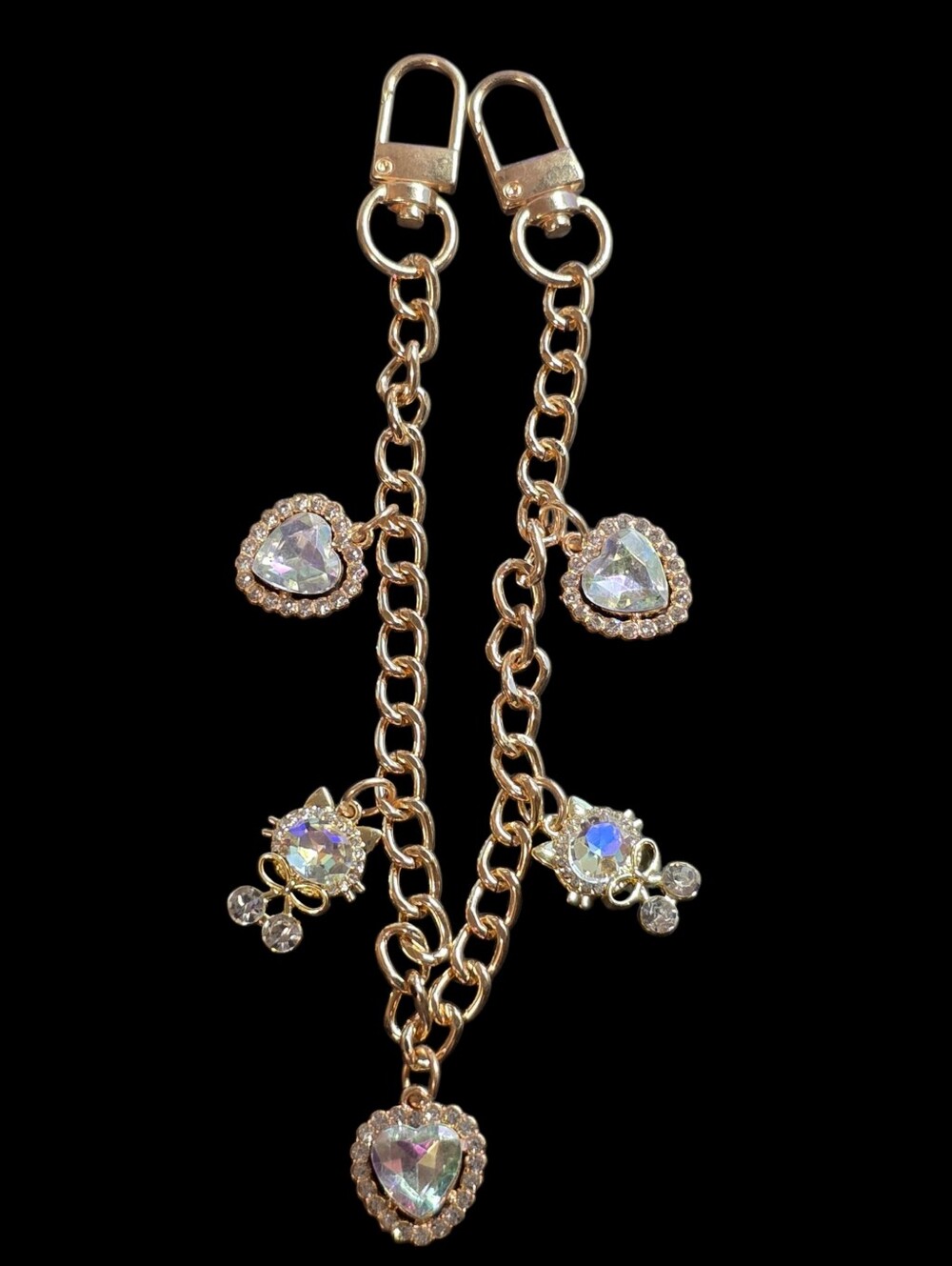 Gold-Tone Heart Charm Dangle Bag Chain- Iridescent Crystal